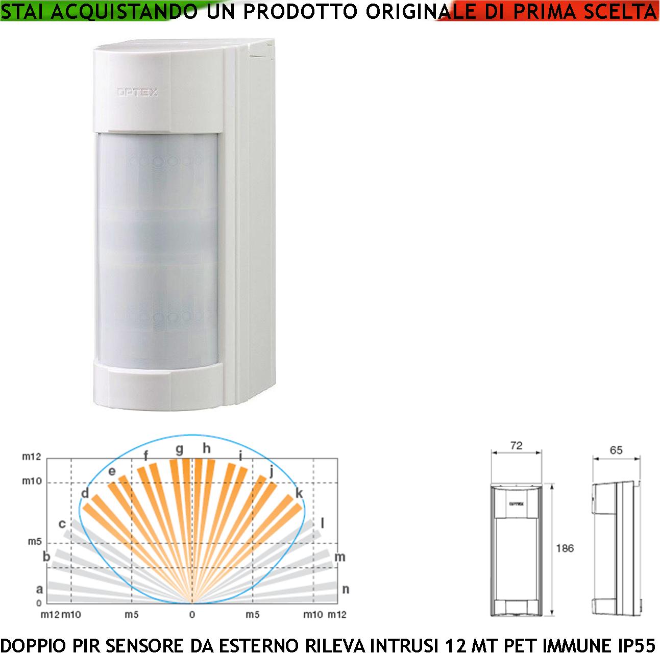 Rilevatore di Movimento per Allarme Infrarosso dual PIR VXI Esterno Grandangolo Con Filtri a Tenda Portata 12 MT Regolabile Via Filo Relè Protezione Contro Intrusi Aliment. 12 V Assorb. 20 mA ABS IP55